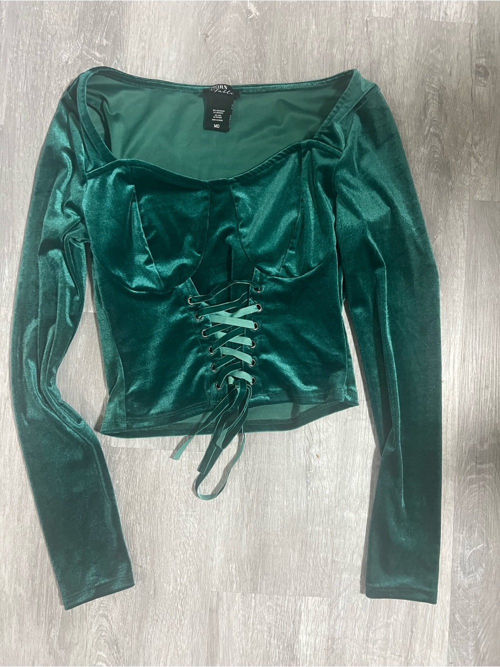 Green Velvet Lace-Up Long Sleeve Crop Top